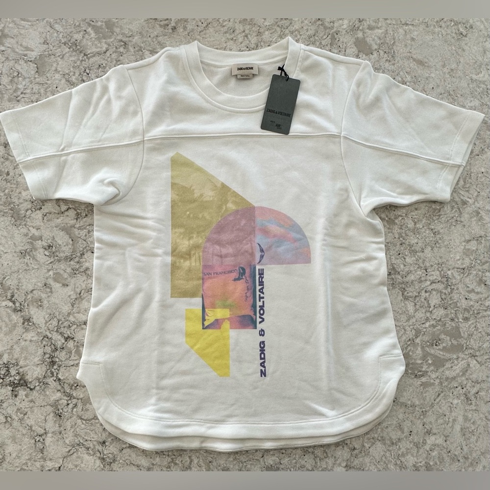 Zadig & Voltaire White and Yellow Short Sleeve Tee Size Large NWT